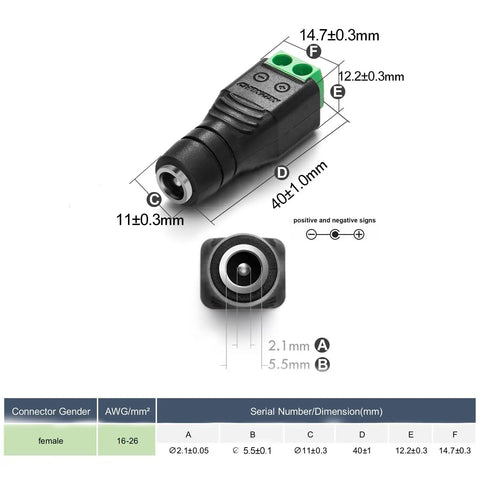 Built Tough Female Dc Power Connectors 5.5Mm X 2.1Mm Barrel Jack Socket dimensions showing screw terminal design.