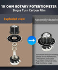 1K Ohm rotary potentiometer exploded view and assembly drawing with single turn carbon film design