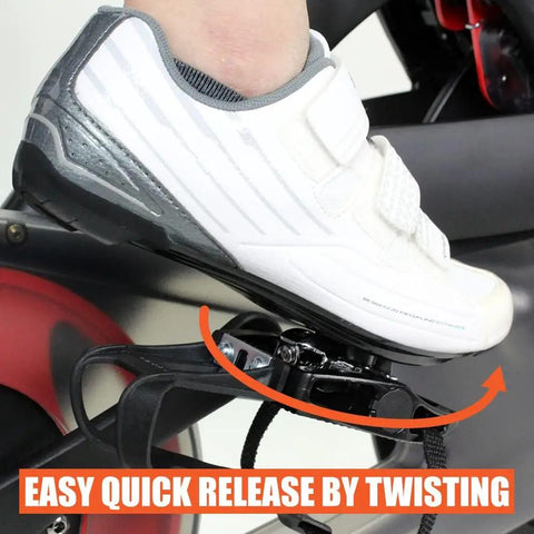 Ride Ready Bike Pedals For Regular Shoes SPD Look Delta Compatible 9 16 Inch with toe clips being used on exercise bike.