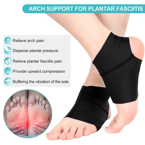 Arch Support Socks With Gel Pads For Plantar Fasciitis Relief Ankle Arch Sleeve shown on feet with benefits listed alongside