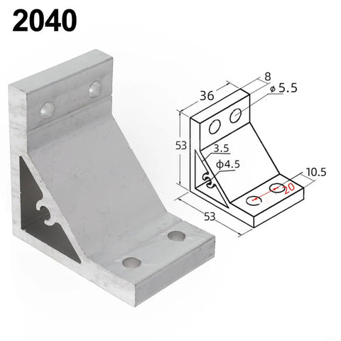 Heavy Duty 90 Degree Aluminum Corner Bracket Joint Fastener For 2020 Profile L Shape Connector Silver Finish, side view and dimensions.
