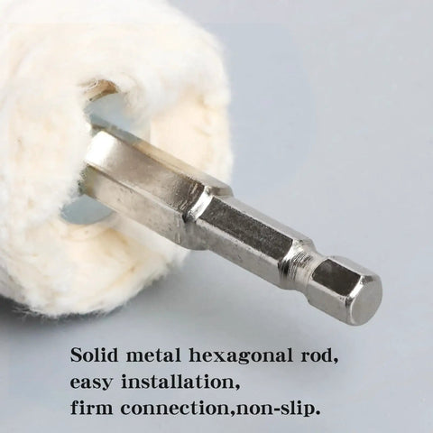 Close-up of metal hex shaft from Cotton Polishing Wheel Kit For Drill With Buffing Wheels For Aluminum Chrome Stainless Steel and Metal Polishing.