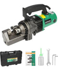Heavy Duty 7/8 Inch Electric Hydraulic Rebar Cutter with accessories including a case, manual, and tools, designed for construction use.
