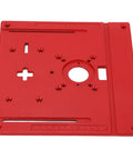 Universal Aluminum Router Table Insert Plate With Precision Center Hole Bands Hella Tough Woodworking Bench Upgrade in red.