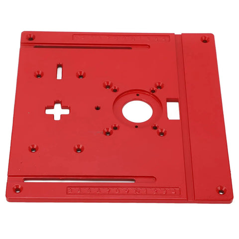 Universal Aluminum Router Table Insert Plate With Precision Center Hole Bands Hella Tough Woodworking Bench Upgrade in red.