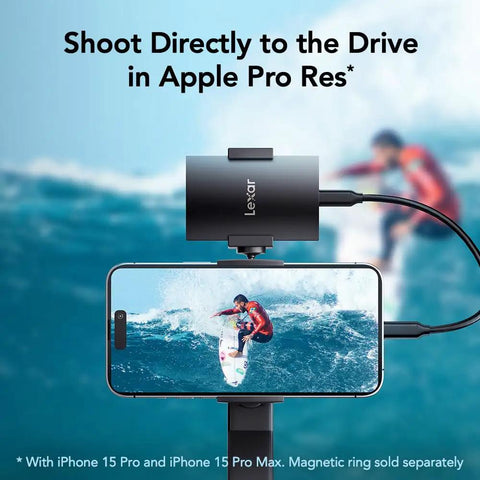 2TB Portable SSD SL500 USB 3.2 Gen 2x2 capturing 4K video from iPhone 15, connected for fast storage, featuring sleek design.