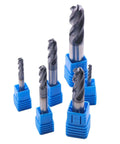 6-piece solid carbide ball nose end mills set in blue holders; AlTiN coated, 4-flute, 30° helix, sizes 1/8–1/2 in