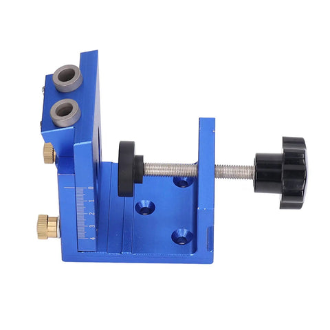 Rock Solid Oblique Hole Locator And Pocket Hole Jig Kit For Precise Woodworking Joint Alignment, blue aluminum jig with adjustable settings.