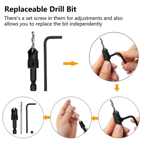 Five Piece HSS Drill Bits Set With Countersink And Replaceable Bits For Woodworking Quick Change Chamfered Countersink Drill Bits Kit