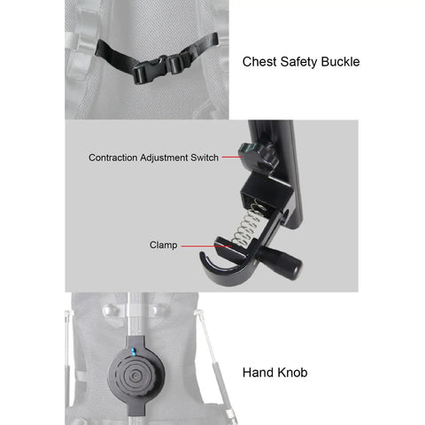 Close-up of chest safety buckle, clamp, and hand knob on Body Support Rig For 3 Axis Handheld Stabilizers And Video Cameras, Stabilizer Vest.