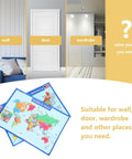 World Map Poster Set 2-Pack For Classroom And Home Learning, 19.68 By 13.77 Inches, shown near wall, door, and wardrobe use.