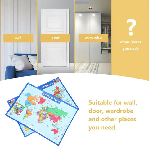 World Map Poster Set 2-Pack For Classroom And Home Learning, 19.68 By 13.77 Inches, shown near wall, door, and wardrobe use.
