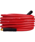 Built Tough 50 Feet Heavy Duty Rubber Air Hose For Compressors 3/8 Inch Thick with solid brass ends coiled up.