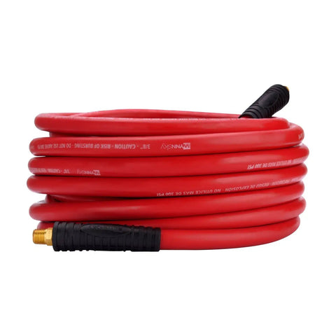 Built Tough 50 Feet Heavy Duty Rubber Air Hose For Compressors 3/8 Inch Thick with solid brass ends coiled up.
