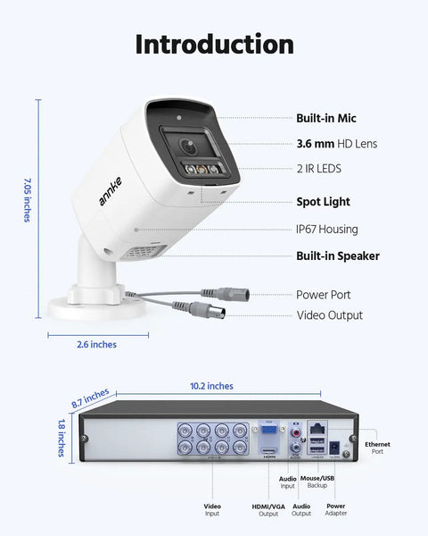 Image of Eight Channel Two Way Audio Security Camera System With Eight 1080P Cams, Lite DVR, showing dimensions and ports.