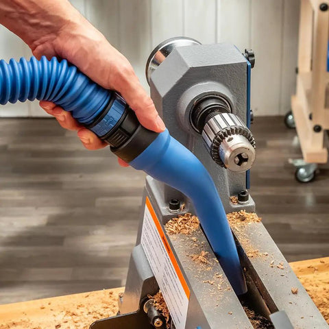 Flexible Click Connect Crevice Vacuum Attachment For Deep Cleaning In Tight Spaces Slim Extra Long Reach Non Marring Design Great For Woodworking Projects And General Vacuum Cleaning Tasks being used on woodworking equipment.