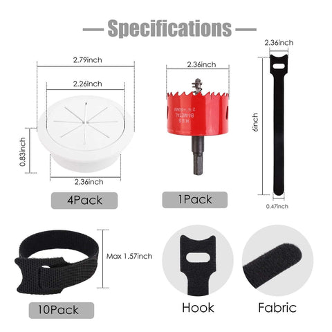Amazon TV cord hider kit: 4 white pass-throughs, red drill attachment, black strap, and 10 Velcro cable ties.