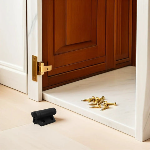 Self Closing Gate Hinges With Spring Loaded Mechanism Adjustable Nylon Heavy Duty Gate Hardware Tough As Nails Built To Last Wear Resistant Fence Hinge Kit For Residential Fences Corrosion Resistant Easy Install Two Pack, gold hinge installed