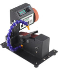 Electric Belt Sander Drill Chuck Adapter Grinder Machine With One Click Adjustment For Knife Sharpening Polishing Wood Stone Plastic Acrylic 0.6-6mm Quick Change Collet System, close-up view showing digital display and sanding belt.