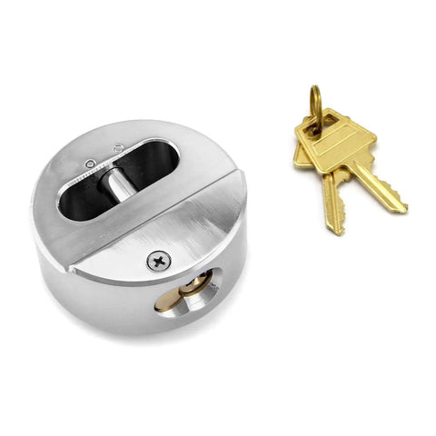 Hockey Puck Lock For Trailer Doors Two And Seven Eighths Inch Diameter Keyed Differently Two Pack Built Tough Heavy Duty Steel With Anti Drilling Anti Prying And Anti Shearing Brass Keys Included, lock with keys visible