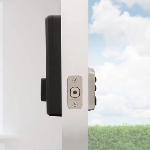 Side view of Keyless Entry Deadbolt Electronic Door Lock With Six Button Keypad For Garage Or Side Door No Key To Lose Satin Nickel