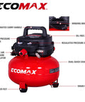 Heavy Duty Six Gallon Pancake Air Compressor With Dependable Oil Free Pump Generating 150 Psi And Smooth 2.6 Cfm Airflow close-up view showing details like carry handle, gauges, and rubber feet.