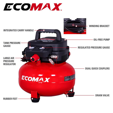 Heavy Duty Six Gallon Pancake Air Compressor With Dependable Oil Free Pump Generating 150 Psi And Smooth 2.6 Cfm Airflow close-up view showing details like carry handle, gauges, and rubber feet.