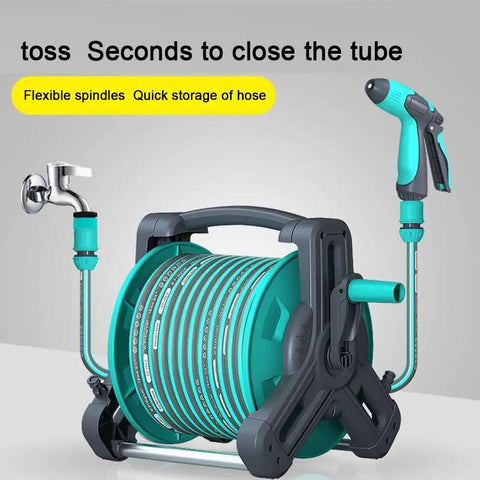 Pretty Slick Portable Garden Hose Reel With High Pressure Water Gun, No Tangle Wall Mount Storage Rack, Grab And Go Carry Handle For Yard Maintenance And Car Washing, No Sweat Setup with flexible spindles and hose storage.