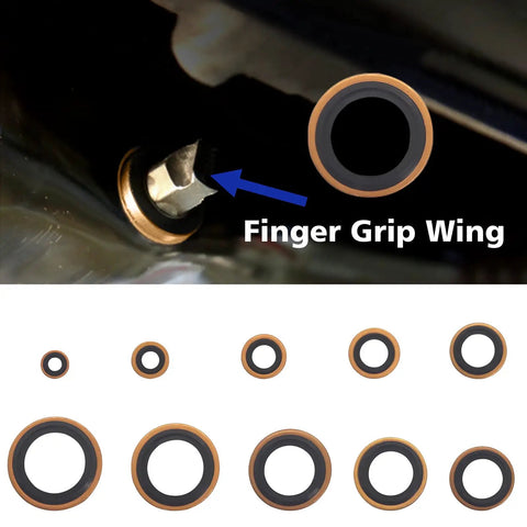 Copper Bonded Seal Washer Set, 78-Piece Automotive Gasket Assortment In 10 Sizes, showing washers and installation detail
