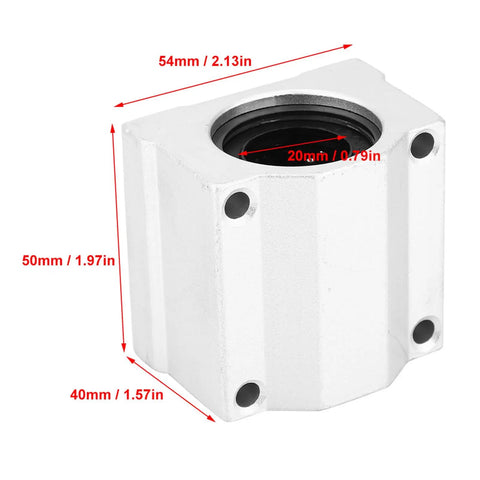 Heavy Duty Aluminum Linear Motion Ball Bearing Slide Block For 20 Millimeter Precision Shafts, showing dimensions 54x50x40mm.