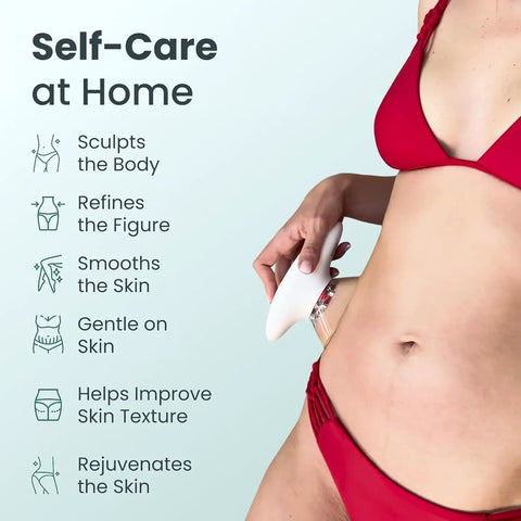 Woman using 3 in 1 Body Sculpting Machine with Dynamic Cupping and Red Light Therapy for firmer looking skin on stomach