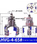 Four-Claw Pneumatic Fixture Cylinder With Sensor Switch, Built-To-Last Mechanical Arm Gripper Finger, Water Spout Clip Attachment, Perfect For Quick Auto Clamp Setups And Robotic Fixturing Ahvg65 with dimensions and features shown