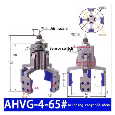 Four-Claw Pneumatic Fixture Cylinder With Sensor Switch, Built-To-Last Mechanical Arm Gripper Finger, Water Spout Clip Attachment, Perfect For Quick Auto Clamp Setups And Robotic Fixturing Ahvg65 with dimensions and features shown