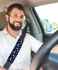 Man driving with 10 Pack Sublimation Blank Car Seat Belt Pad Covers Neoprene DIY Heat Transfer Cushions for Auto Interiors.