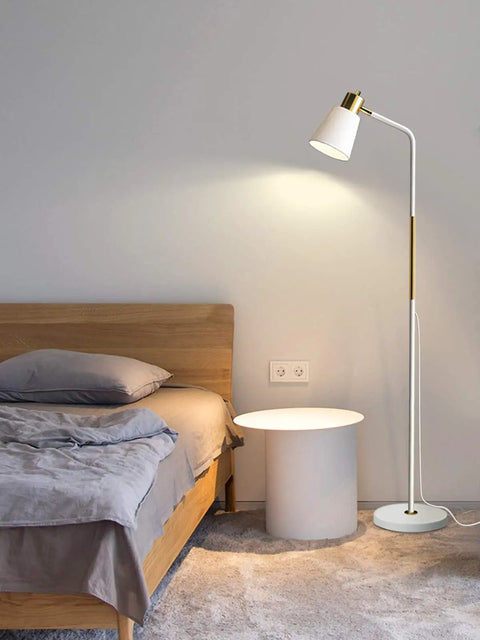 Industrial Floor Lamp With Rustic Farmhouse Vibe, adjustable metal heads beside bed, white finish, 3 level dimming for cozy glow.