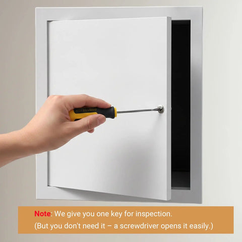Rock Solid Aluminum Access Panel For Drywall 12 By 16 Inch with hand using screwdriver on locking pin for easy access.