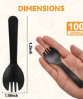 Mini Black Sporks 4.2 Inch 100 Pack Individually Wrapped Disposable Cutlery Set dimensions and spork in hand