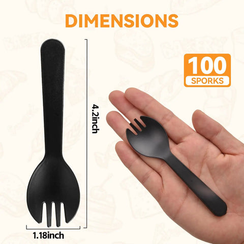 Mini Black Sporks 4.2 Inch 100 Pack Individually Wrapped Disposable Cutlery Set dimensions and spork in hand