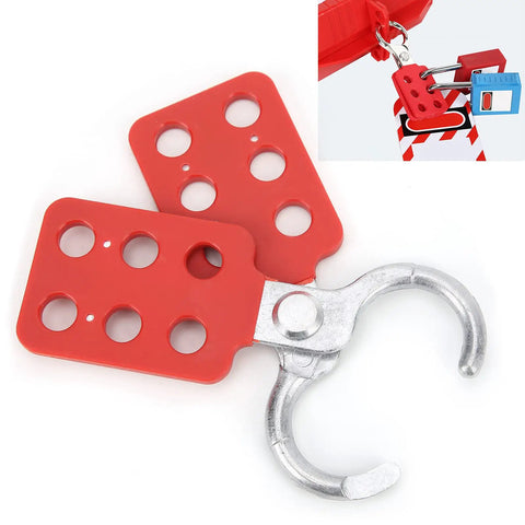 Pro Grade Red Lockout Hasp Set 10 Pack, 25mm Safety Tagout Solution, red hasp laying flat showing six holes and metal clasp