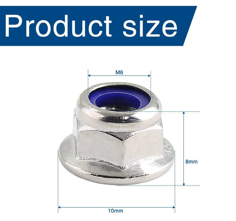 20 Piece M6 Self Locking Nut Set With Flange, 304 Stainless Steel Nylon Insert Anti Loosening Nuts, product size dimensions shown