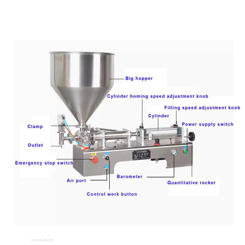 Pro Grade Semi Automatic Liquid And Paste Dispenser Pneumatic Piston Filling Machine With 30L Stainless Steel Hopper detailed view with labels.