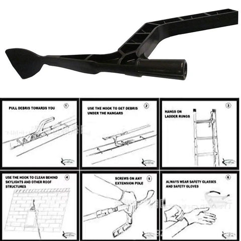 Gutter Cleaning Spoon Tool with Threaded Design for Roof Gutters and Home shown with usage instructions and safety tips