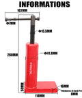 Universal Workhorse Brake Caliper Compression Tool With Piston Spreader For 1, 2, 4, And 6 Piston Disc Brakes, red steel tool with measurements