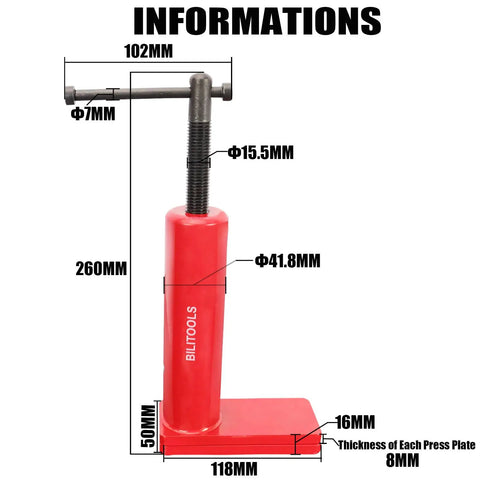 Universal Workhorse Brake Caliper Compression Tool With Piston Spreader For 1, 2, 4, And 6 Piston Disc Brakes, red steel tool with measurements