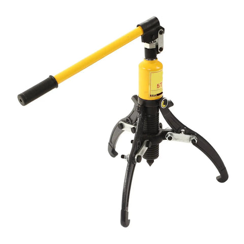 Heavy Duty 5 Ton Hydraulic Gear Puller Rock Solid Three Jaw Wheel Bearing Extractor with 360 rotating arms, yellow and black.