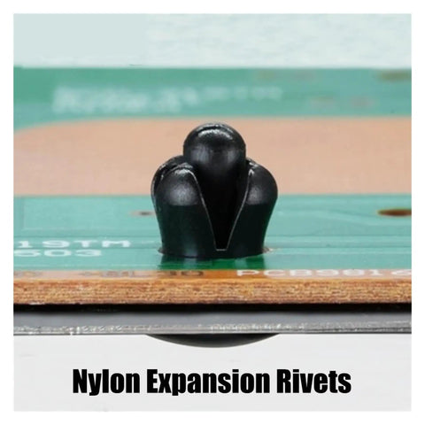 Close-up of a nylon expansion rivet on a circuit board from the 100 Piece Heavy Duty Nylon Expansion Rivets For Pcb Fixing And Blind Rivet Jobs Featuring Dead Simple Zero Hassle Hand Press Setup And Rock Solid Clamping Force For Quick Secure Assembly Hardware.