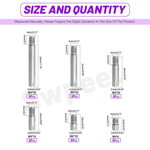 Pro Grade 48 Pcs M4 Dowel Pin Kit With Slotted Pins In 6 Sizes M4x6/10/16/20/25/30mm, 304 Stainless Steel size diagram