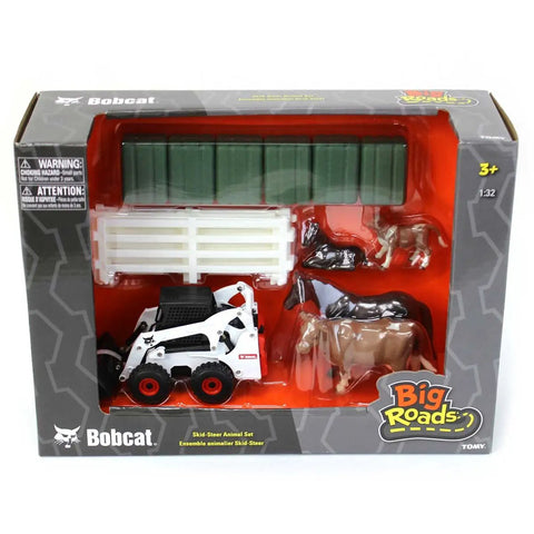 Skid Steer Farm Toy Playset 1 To 32 Scale Die Cast Metal Construction With Realistic Bobcat Look Includes Farm Animals Fencing Hay Bales