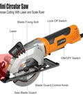 Extbtfor mini circular saw with laser guide, orange and black, corded, 3 blades, 4-1/2 inch blade, side view