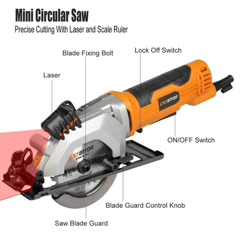 Extbtfor mini circular saw with laser guide, orange and black, corded, 3 blades, 4-1/2 inch blade, side view